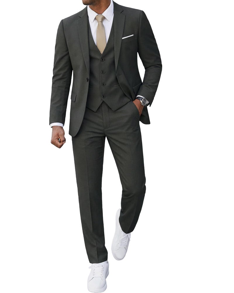 YND Men's 3 Piece Slim Fit Suit, One Button Solid Jacket Vest Pants Set with Tie, for Wedding Party Proms and Business, Deep Grey - Image 1